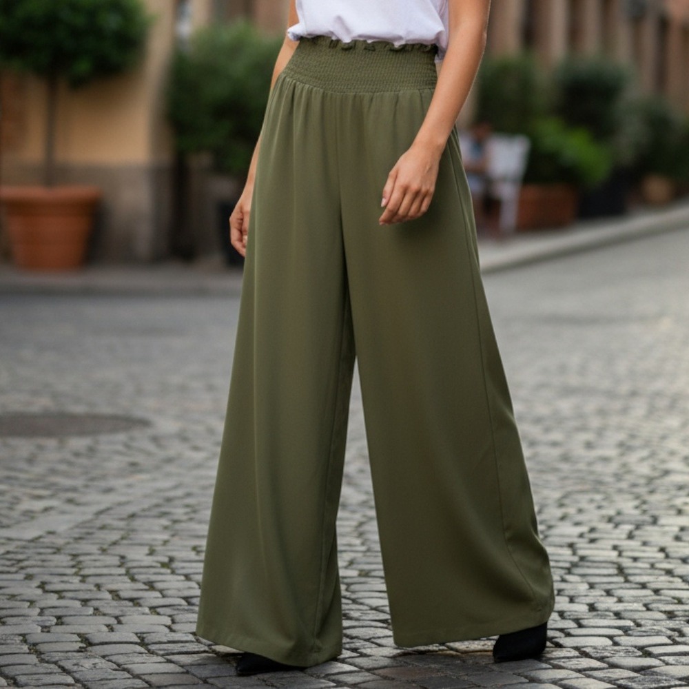 Green Wide Leg Boho Comfy Pull On Straight Leg High Rise Trousers Pant S Small‎